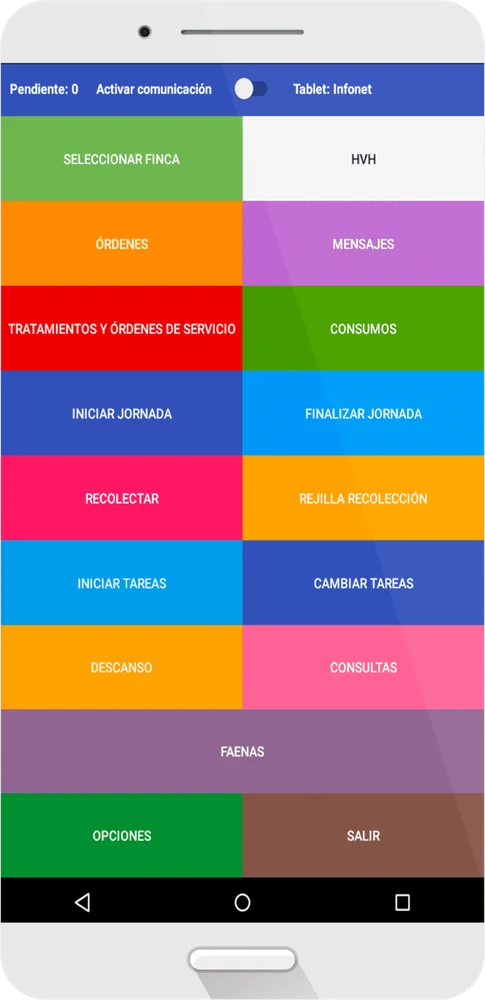 Móvil Android con el menú de tareas de Recodat en colores
