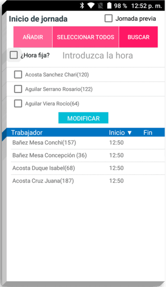 Pantalla de inicio de jornada con la lista de trabajadores de la cuadrilla